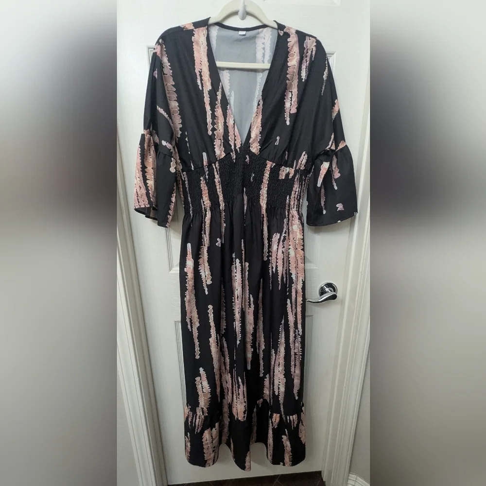 Midi 3/4 Sleeves Black & Brown Dress - Picture 2 of 5